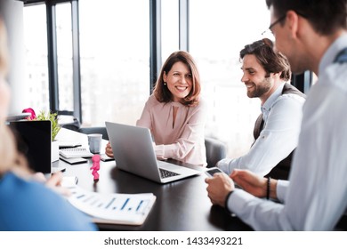 A group young business people and laptop sitting in an office  talking 