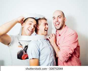 Group Of Young Cheerful People Making Facial Expression In Photobooth On Birthday Party Isolated On White Background