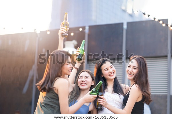 Group Of Young Cute Asian Girl Gang Best Friends Having Party At Rooftop Restaurant Girls 6303