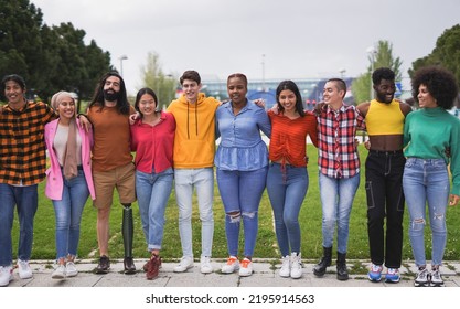 Group Of Young Diverse People Having Fun Together Outdoor - Multiethnic Friends Enjoy Day In The City