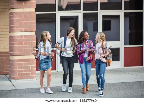 Group Young Female Friends Students Talking Stock Photo 1153779604 ...