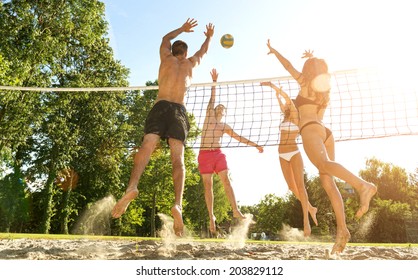 Group young  Friends Playing Volleyball On Beach - Shutterstock ID 203829112