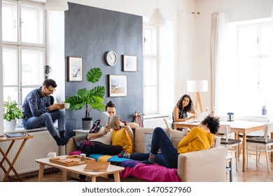A group of young friends relaxing indoors, house sharing concept.