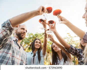 Group Young Friends Toast With Glasses Of Wine In A Vineyard