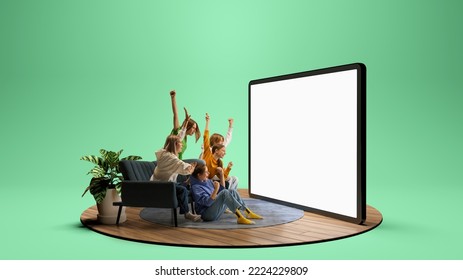 Group of young friends watching football match, sport show or movie together. Excited girls and boys sitting in front of huge 3D model of empty tv screen at home interior. Emotions, sport, sales - Shutterstock ID 2224229809