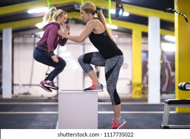 group of young healthy athletic people training jumping on fit box at cross fitness gym - Shutterstock ID 1117735022