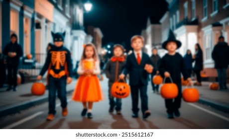 A group of young kids in Halloween costumes, including a superhero and a witch, walking through a festive street at night, holding pumpkin candy buckets. The scene is slightly out of focus - Powered by Shutterstock