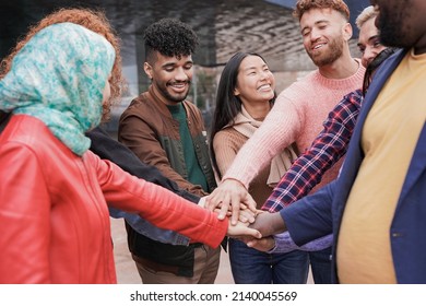 Group Young Multiracial People Stacking Hands Stock Photo 2140045569 ...