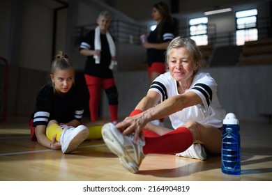 Group of young and old women, sports team players. in gym stretching, warming up before match. - Powered by Shutterstock