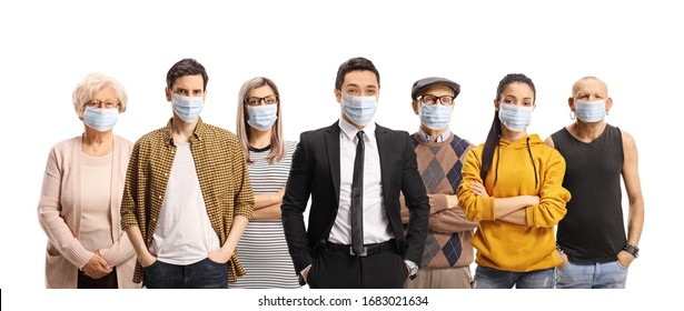 Group Of Young And Older People Wearing Protective Medical Face Masks Isolated On White Background