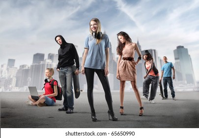 Group of young people with cityscape on the background - Powered by Shutterstock