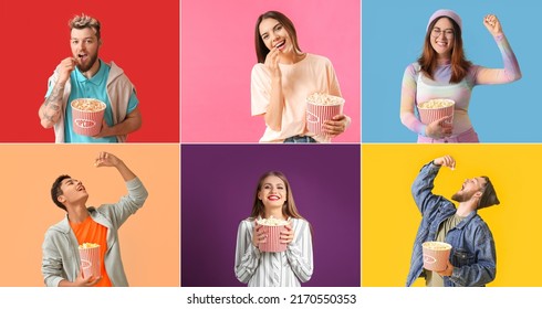 Group of young people with crunchy popcorn on colorful background - Powered by Shutterstock