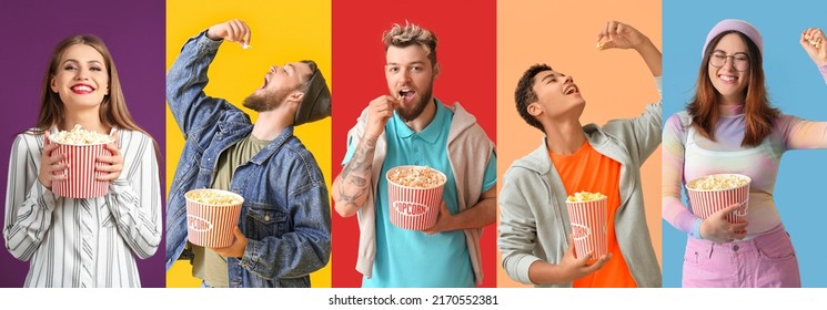 Group of young people with crunchy popcorn on colorful background - Powered by Shutterstock