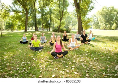 Group Of Young People Doing Yoga In Park