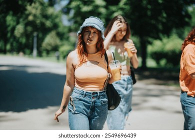 Group of young people enjoying a sunny day in the park, walking and drinking refreshing beverages. Casual summer outing. - Powered by Shutterstock