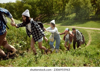 Group of young people, friends walking in forest, going hiking on warm sunny day, climbing up the hill, holding hands. Support and help. Concept of active lifestyle, nature, sport, hobby, friendship