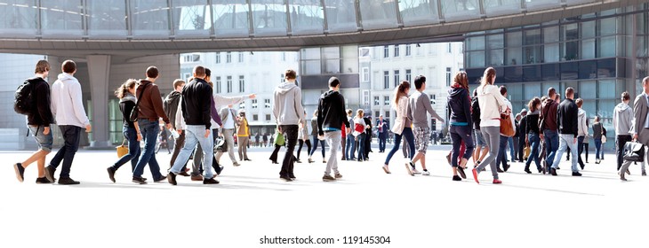 A group of young people. Panorama. Urban landscape.