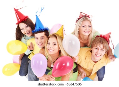 Group Of Young People In Party Hat Holding Balloon. Isolated.