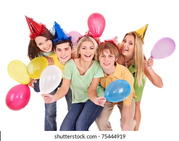 Group Of Young People In Party Hat Holding Balloon. Isolated.