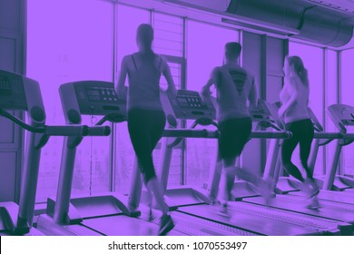 Group Of Young People Running On Treadmills In Modern Sport  Gym Duo Tone