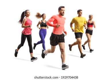 Group of young people running a race isolated on white background