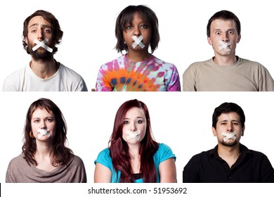 Group of young people silenced, tape across mouth