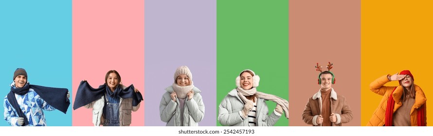 Group of young people in stylish winter clothes on color background - Powered by Shutterstock