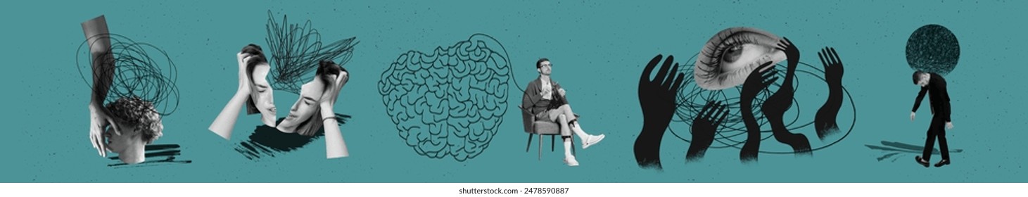 Group of young people suffering from different mental health problems and psychological issues. Need help and support. Contemporary art. Concept of psychology, mental health. health care, awareness - Powered by Shutterstock