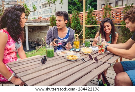 Similar – Image, Stock Photo Young happy couple looking smartphone outdoors in summer