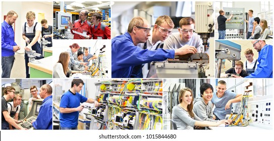 Group of young people in technical vocational training with teacher - collage with various pictures 