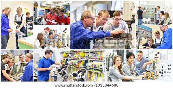 Group of young people in\
technical vocational training with teacher - collage with various\
pictures 