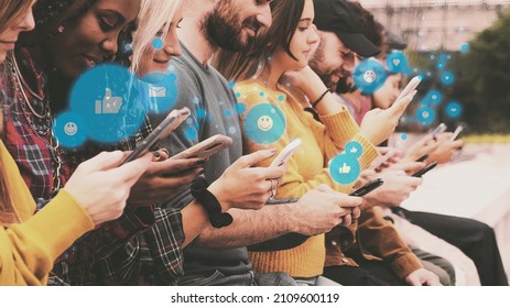 Group Of Young People Using Social Network On Smartphone - Generation Z Person Looking At Smartphone Screen - Flat Emoticons Graphic On Top