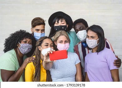 Group Young People Wearing Face Mask Taking Selfie With Mobile Smartphone Outdoor - Millennial Friends With Different Race And Culture Portrait - Multiracial And Technology Concept