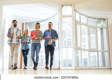 A Group Of Young Positive Business People Walking Down The Bright Hallway For A Break. 