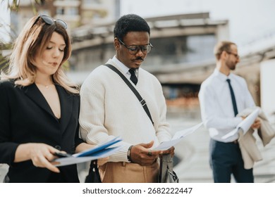 A group of young professionals analyzing documents outdoors, representing teamwork, modern work culture, and productivity in an urban environment.