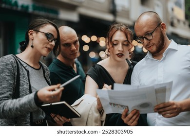 Group of young professionals reviewing documents and having a discussion outdoors in an urban setting, focusing on teamwork and collaboration. - Powered by Shutterstock