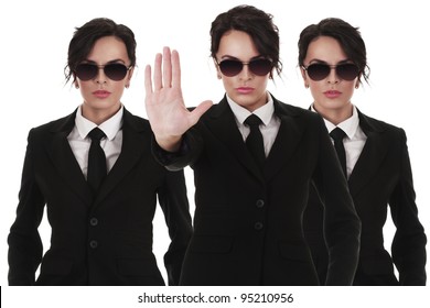 Group Of Young Secret Service Agents Or Police Officers Isolated Over White Background