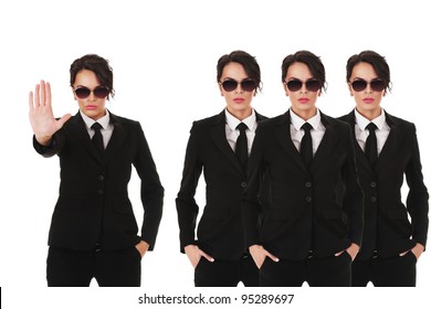 Group Of Young Secret Service Agents Or Police Officers Isolated Over White Background