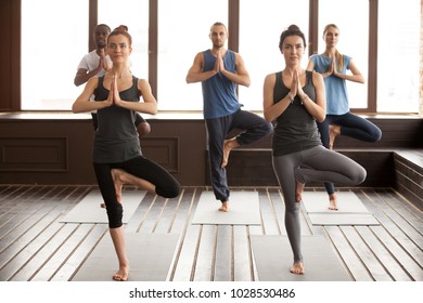 Group of young sporty people practicing yoga lesson standing in Vrksasana exercise, Tree pose with namaste gesture, working out, indoor full length, studio. Healthy lifestyle concept - Powered by Shutterstock