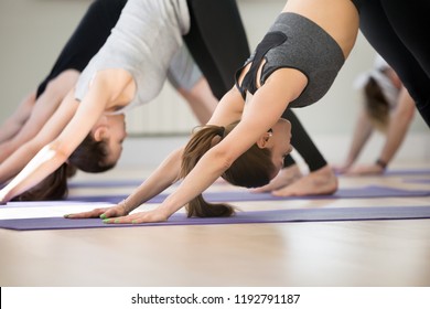 Group of young sporty people practicing yoga lesson, doing Downward facing dog exercise, adho mukha svanasana pose, working out, indoor, students training in club, studio close up. Well-being concept - Shutterstock ID 1192791187