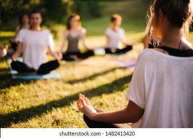 Group of young sporty woman practicing yoga lesson with instructor, sitting in lotus pose. Focus of camera at teacher rear view. Photo from back of instructor. Group of meditating people in background - Shutterstock ID 1482413420