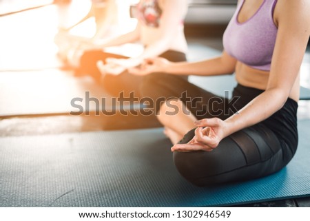 Group of young woman doing yoga on gym - beautiful lights.relax in nature on gym .Young sporty woman stretching.