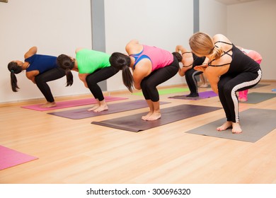 Group Of Young Women Doing A Chair Twist Pose In A Yoga Studio