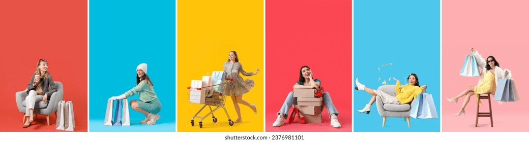 Group of young women with shopping bags and new purchases on color background - Powered by Shutterstock