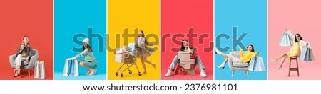 Group of young women with shopping bags and new purchases on color background