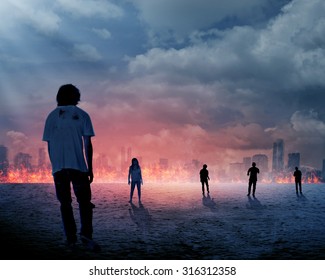 Group Of Zombie Over Burn City Background. Halloween Concept