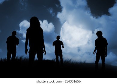 Group Of Zombie Walking At Night. Halloween Concept