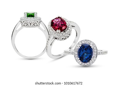 Grouping Of Color Gemstone Rings With Colored Diamonds And Gemstones On White Background
