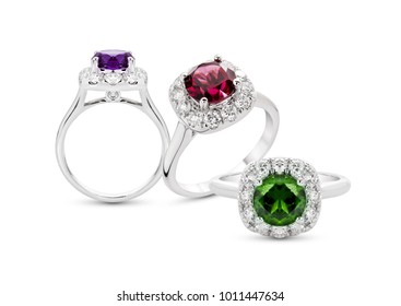 Grouping Of Color Gemstone Rings With Colored Diamonds And Gemstones On White Background
