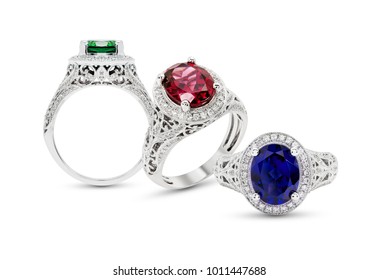 Grouping Of Color Gemstone Rings With Colored Diamonds And Gemstones On White Background
